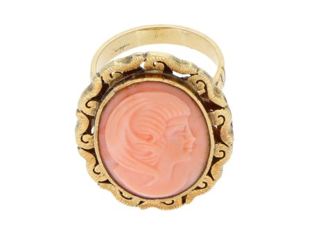 Anillo estilizado motivo dama con coral en oro amarillo 14 kilates. Cheap