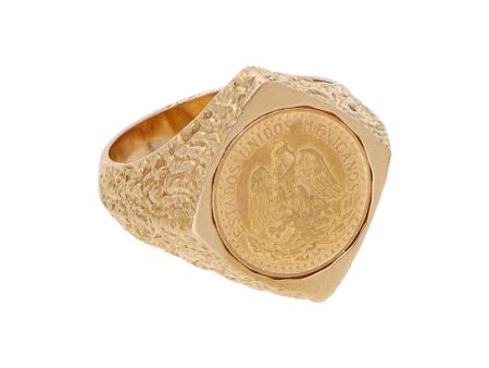 Anillo barroco con moneda de dos pesos oro mexicano 21.6 kilates en oro amarillo 14 kilates. Cheap