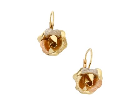 Aretes estilizados motivo floral en oro tres tonos 14 kilates. For Cheap