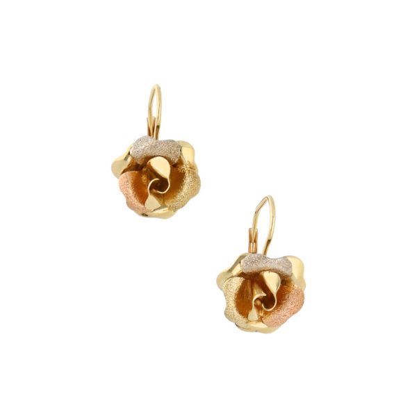 Aretes estilizados motivo floral en oro tres tonos 14 kilates. For Cheap