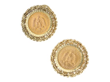 Aretes boleados con dos monedas de dos y medio pesos oro nacional 21.6 kilates en oro amarillo 14 kilates. For Discount