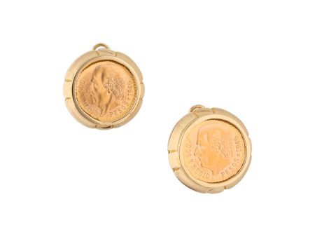 Aretes estilizados con dos monedas de dos y medio pesos oro mexicano 21.6 kilates en oro amarillo 14 kilates. on Sale