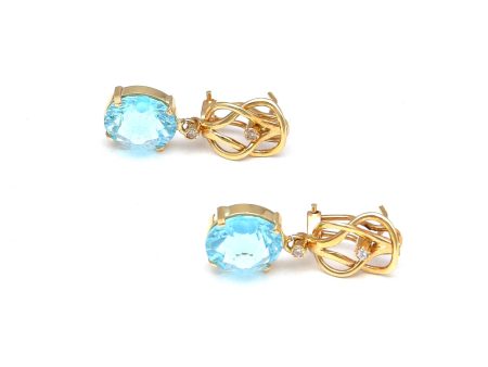 Aretes articulados con diamantes y topacio azul en oro amarillo 14 kilates. Hot on Sale