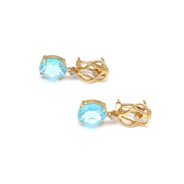 Aretes articulados con diamantes y topacio azul en oro amarillo 14 kilates. Hot on Sale