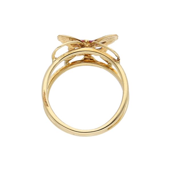 Anillo estilizado motivo mariposa con esmalte en oro amarillo 14 kilates. Sale