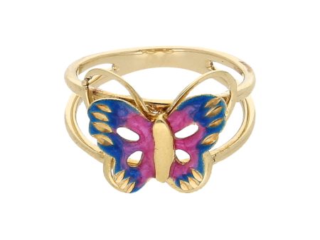 Anillo estilizado motivo mariposa con esmalte en oro amarillo 14 kilates. Sale