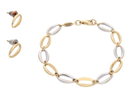 Pulsera eslabón combinado en oro dos tonos y broqueles calados en oro amarillo 14 kilates. Online Sale