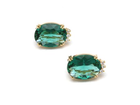 Aretes estilizados con diamantes y cuarzo verde en oro amarillo 14 kilates. Hot on Sale