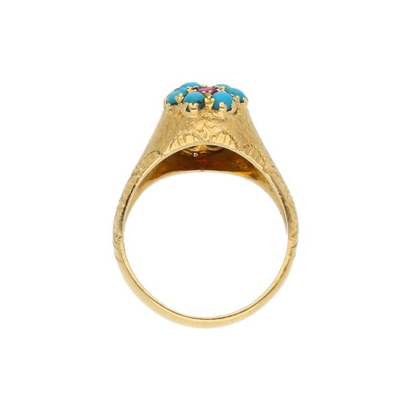 Anillo estilizado con sintéticos y turquesas en oro amarillo 18 kilates. Online