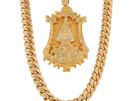 Collar eslabón barbado y medalla motivo Virgen con niño en oro amarillo 14 kilates. Discount