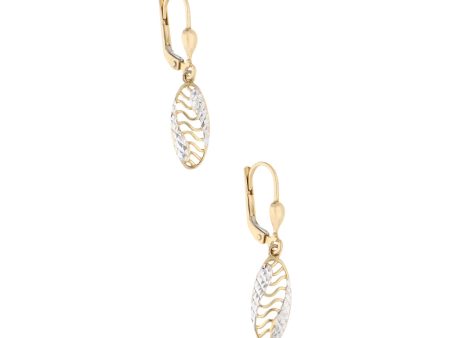 Aretes calados platinados con colgante en oro amarillo 14 kilates. Hot on Sale