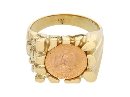 Anillo barroco con moneda de dos pesos oro mexicano 21.6 kilates en oro amarillo 14 kilates. Online