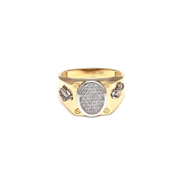 Anillo tipo sello con circonias en oro dos tonos 14 kilates. on Sale