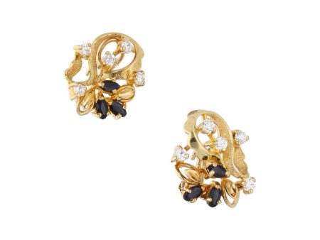 Aretes estilizados con zafiros y circonias en oro amarillo 14 kilates. Online Sale