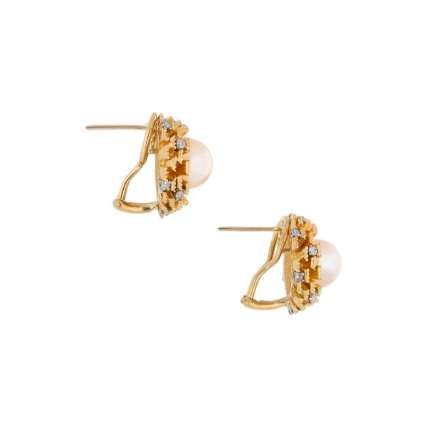 Aretes estilizados con diamantes y perlas en oro amarillo 18 kilates. Supply