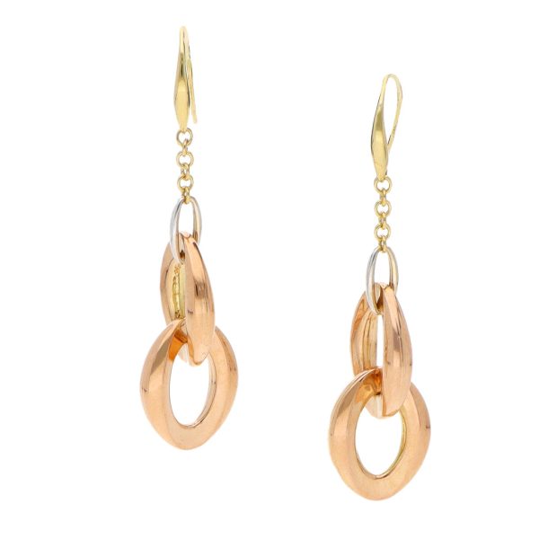 Aretes huecos con colgantes firma Chimento en oro tres tonos 18 kilates. Fashion