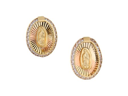 Aretes diseño especial motivo Virgen de Guadalupe con circonias en oro amarillo 14 kilates. Online Sale