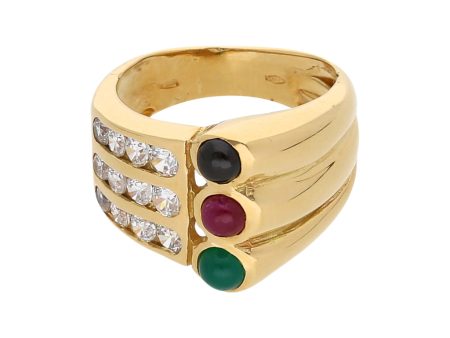 Anillo estilizado con esmeralda, rubí y sintéticos en oro amarillo 18 kilates. on Sale